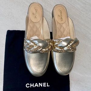 CHANEL Gold Leather Chain Sandals Slippers Sz 37.5